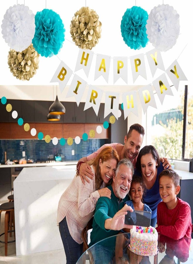 ANSOMO Teal Blue and Gold Happy Birthday Party Decorations Banner Turquoise Aqua Foil Fringe Curtain Tissue Pom Poms Balloons - Image 5