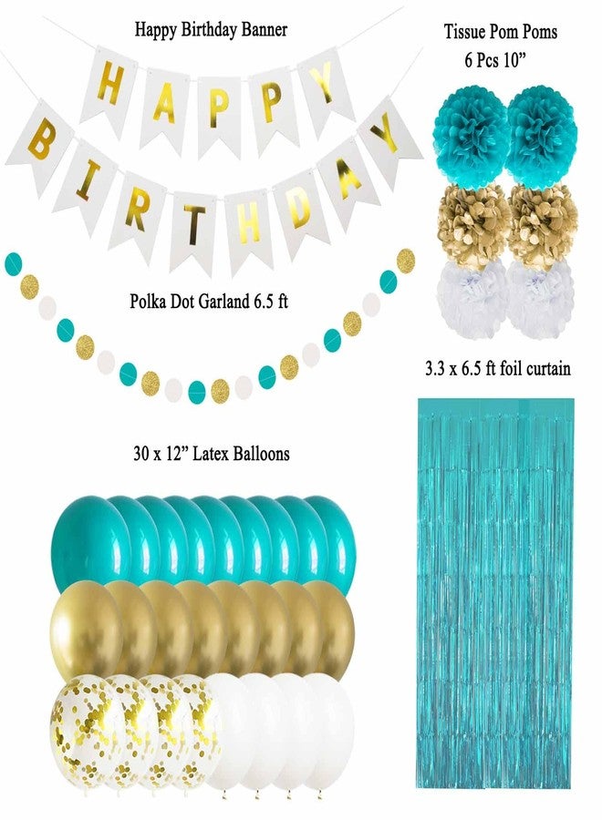 ANSOMO Teal Blue and Gold Happy Birthday Party Decorations Banner Turquoise Aqua Foil Fringe Curtain Tissue Pom Poms Balloons - Image 2