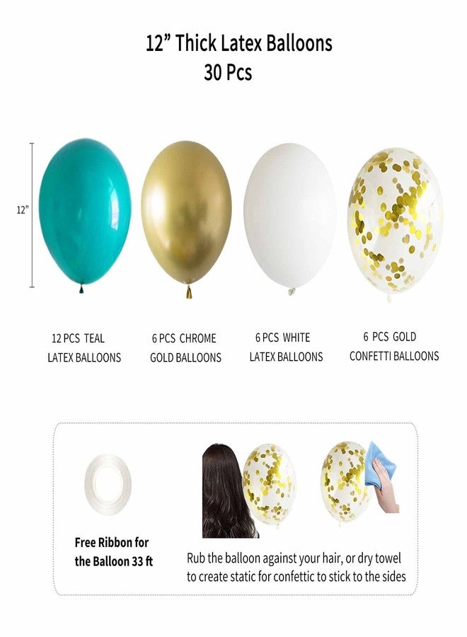 ANSOMO Teal Blue and Gold Happy Birthday Party Decorations Banner Turquoise Aqua Foil Fringe Curtain Tissue Pom Poms Balloons - Image 3