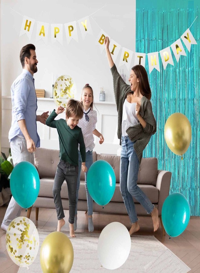 ANSOMO Teal Blue and Gold Happy Birthday Party Decorations Banner Turquoise Aqua Foil Fringe Curtain Tissue Pom Poms Balloons - Image 4