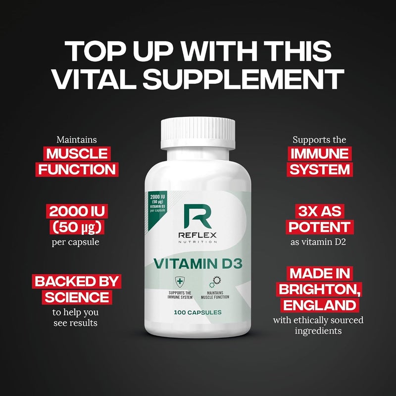Reflex Nutrition Vitamin D3 Vitamin D3 2000IU 50mg per Capsule Daily Sunshine for Winter Wellness Vitamin D Tablets to Supports Muscle Function Immune Support Bone Health 100 Capsules - Image 2