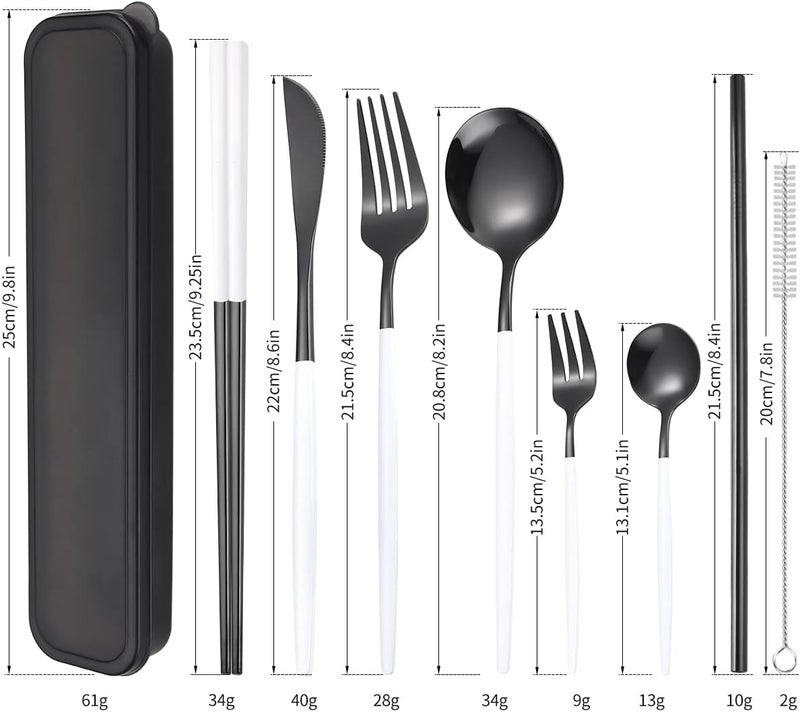 AARainbow 8 Pieces Stainless Steel Flatware Set Portable Reusable Cutlery Set Travel Utensils Set Including Chopsticks Knife Fork Spoon Straws Cleaning Brush Dishwasher Safe White black - Image 2