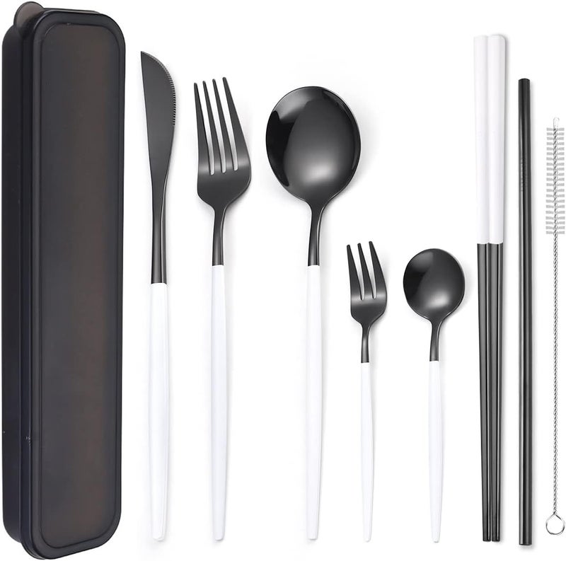 AARainbow 8 Pieces Stainless Steel Flatware Set Portable Reusable Cutlery Set Travel Utensils Set Including Chopsticks Knife Fork Spoon Straws Cleaning Brush Dishwasher Safe White black - Image 1