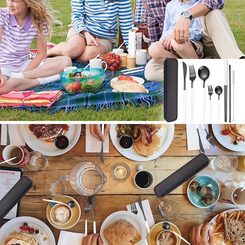 AARainbow 8 Pieces Stainless Steel Flatware Set Portable Reusable Cutlery Set Travel Utensils Set Including Chopsticks Knife Fork Spoon Straws Cleaning Brush Dishwasher Safe White black - Image 5