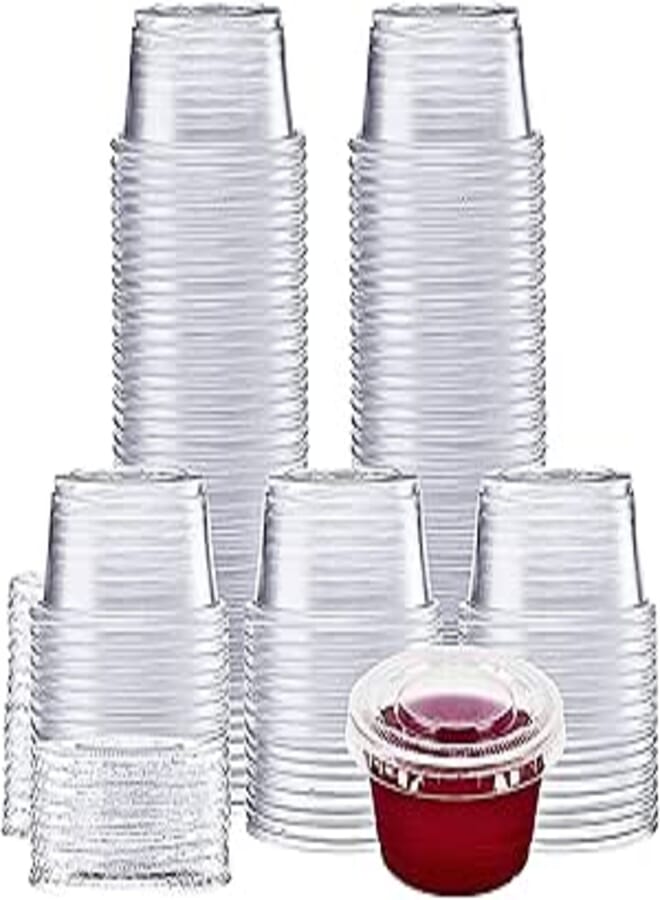 Plastic Jello Shot Cups By Green Direct - Disposable 2 oz Clear Cups With Lids - Useful for any Party for Souffle Dessert or Ice Cream for hot & cold - Portion Condiment Sample Cup Pack of 100