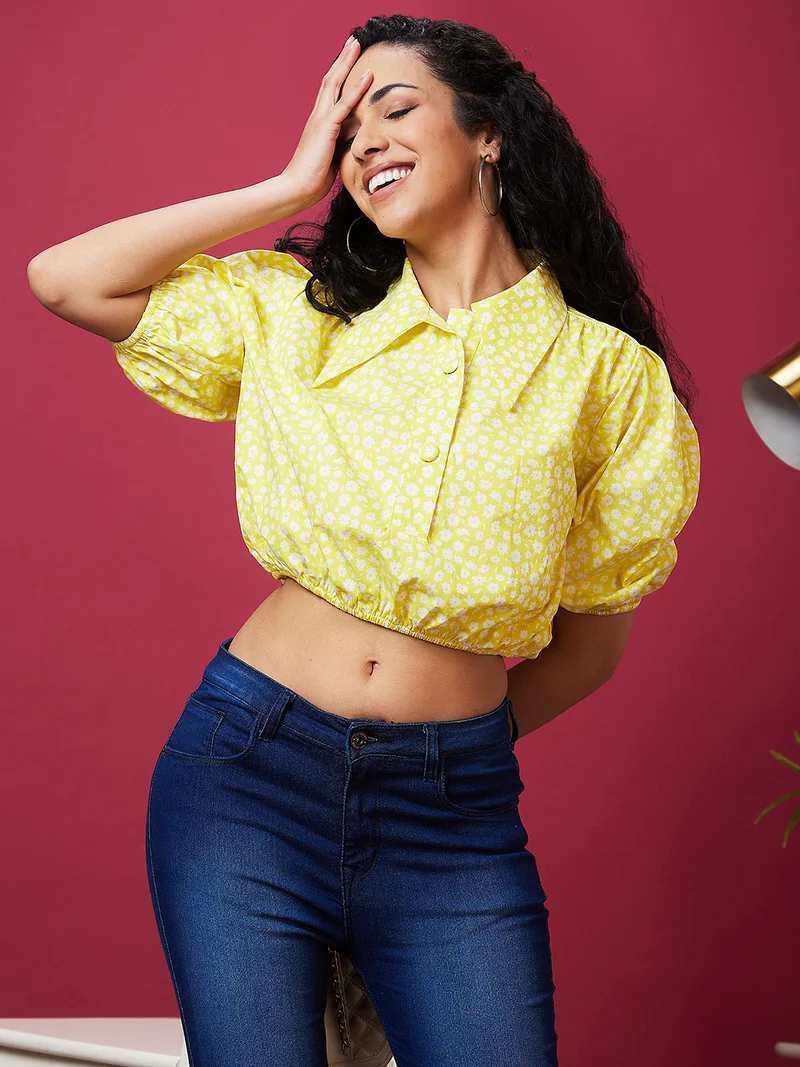 globus Women Floral Printed Puff Sleeve Cotton Blouson Crop Top