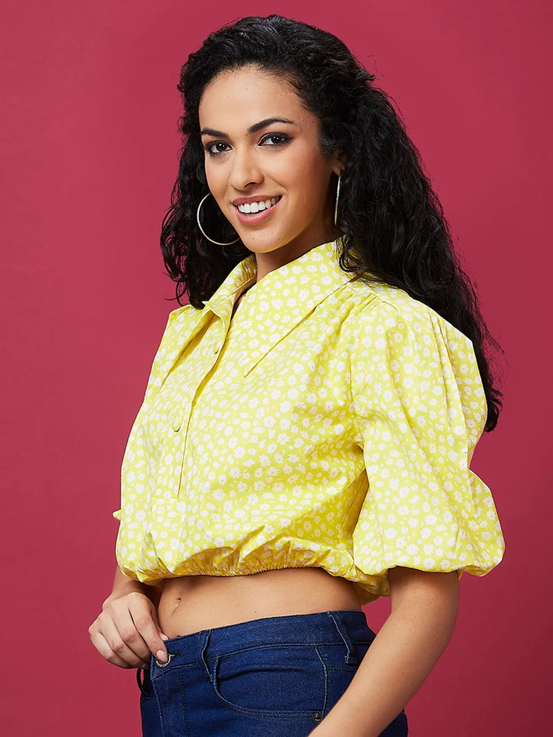 globus Women Floral Printed Puff Sleeve Cotton Blouson Crop Top