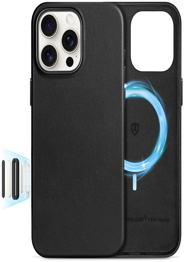 SHIELDON Case for iPhone 16 Pro Max 6.9", Genuine Leather Magnetic Wireless Charging Case [Non-Slip][Anti-Scratch][Slim Fit][Metal Buttons] Shockproof Cover Compatible with iPhone 16 Pro Max - Black - Image 1