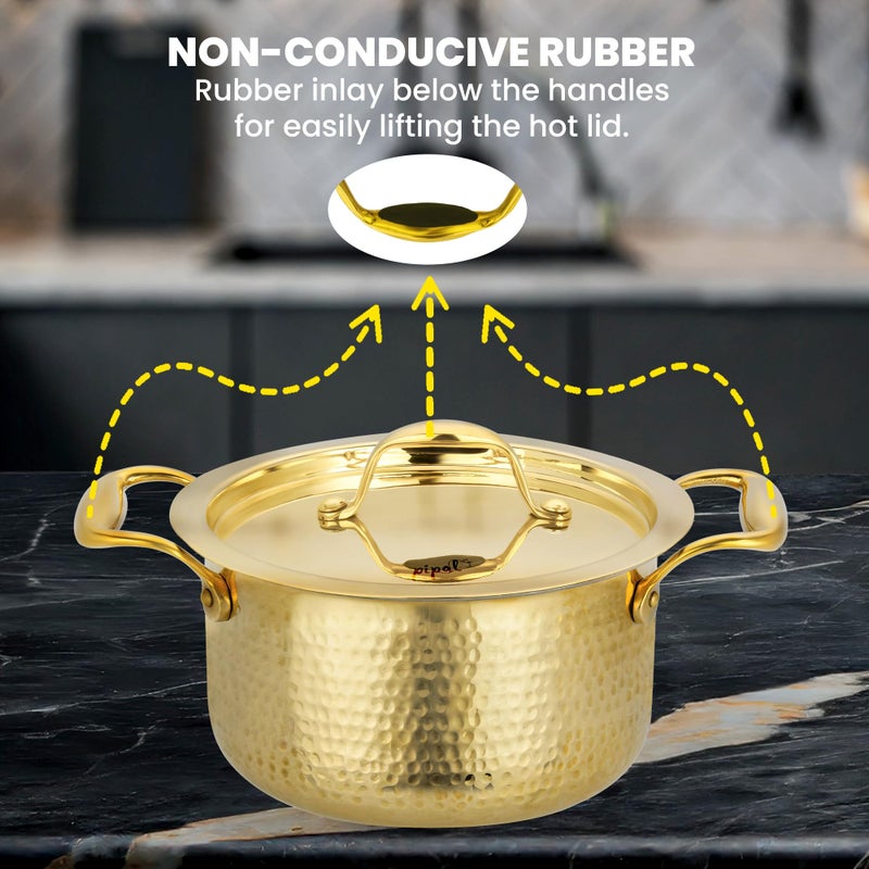 Pipal Pipal Brass Tope - 2500 ml | Teflon-Free Naturally Non-Stick for Cooking & Serving | Pure Kalai Patila/Bhagona, Peetal With Tin Coating | Golden Tin-Coated With Rubber Inlay  - Image 3