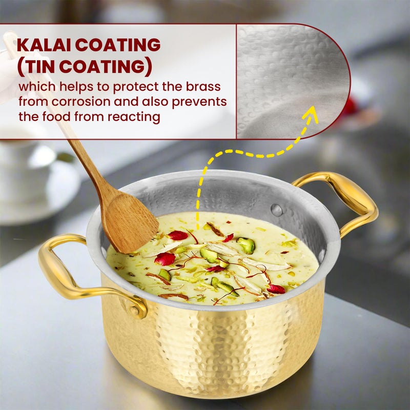 Pipal Pipal Brass Tope - 2500 ml | Teflon-Free Naturally Non-Stick for Cooking & Serving | Pure Kalai Patila/Bhagona, Peetal With Tin Coating | Golden Tin-Coated With Rubber Inlay  - Image 2