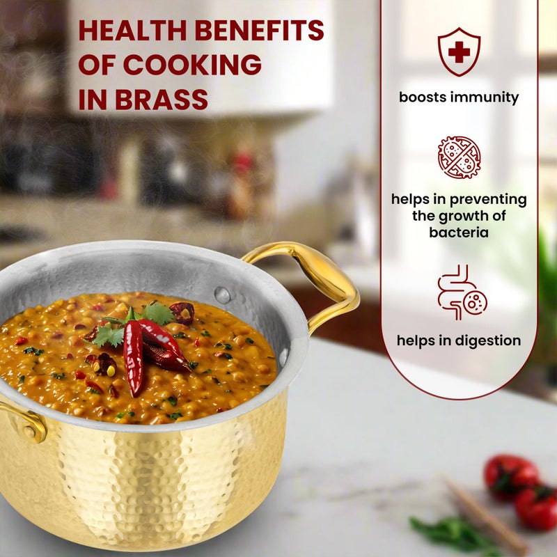 Pipal Pipal Brass Tope - 2500 ml | Teflon-Free Naturally Non-Stick for Cooking & Serving | Pure Kalai Patila/Bhagona, Peetal With Tin Coating | Golden Tin-Coated With Rubber Inlay  - Image 4