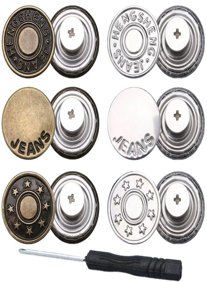 Baxykez 6pcs Buttons pins for Loose Jeans, 17 mm No-Sew Nailess Removable Metal Jeans Buttons Replacement, Adjustable Metal Pants Button Tightener,Repair Combo Thread Rivets and Screwdrivers - Image 1
