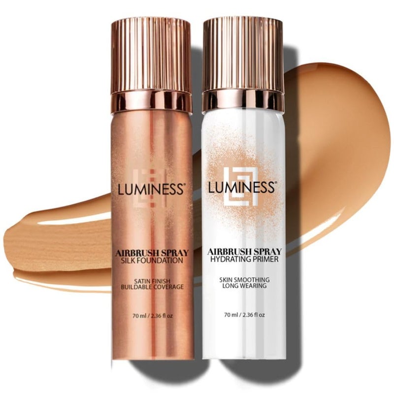 LUMINESS Silk Airbrush Spray Foundation & Primer Kit - Full Coverage Foundation, Anti-Aging Formula Hydrates & Moisturizes with Hyaluronic Acid, Aloe Vera & Hydrolyzed Silk (Shade - Medium) - Image 1