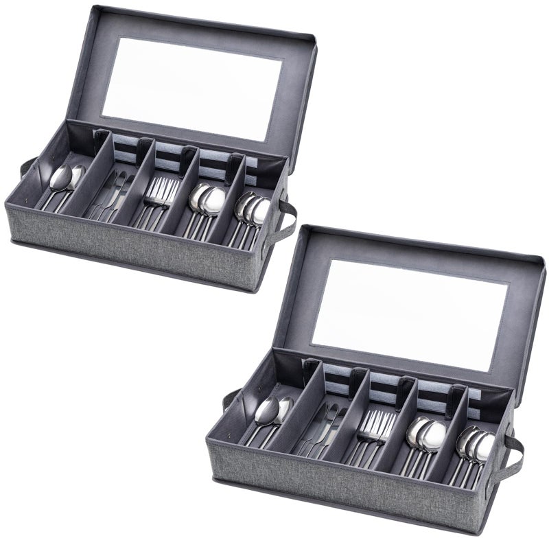 Lafulling Silverware Storage Box 2 Pack Flatware Storage Utensil Storage with Removable Lid and Adjustable Dividers for Organizer Utensils Cutlery Flatware Knives Large Capacity Gray - Image 2