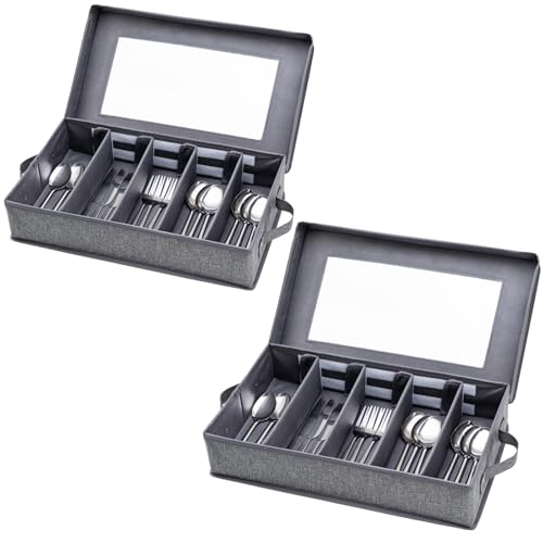 Lafulling Silverware Storage Box 2 Pack Flatware Storage Utensil Storage with Removable Lid and Adjustable Dividers for Organizer Utensils Cutlery Flatware Knives Large Capacity Gray - Image 1