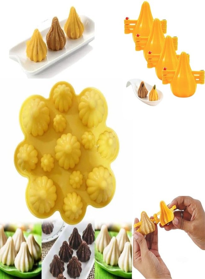 Skytail 13 Slot Mix Size Modak Silicone Mould & 4Pc Plastic Sancha Modak Maker Press Molds for Ganpati Bappa Ganesh Chaturti Festival Decoration Chocolate Candy Filling Sweet Offerings Cake Cupcake - Image 1