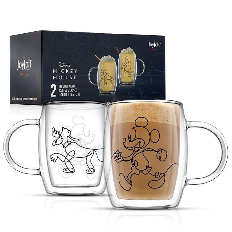 JoyJolt JoyJolt Aroma Disney Mickey and Pluto 135oz Glass Coffee Cups Set  2 Insulated Double Wall Mugs Large Espresso Cups  Unique Disney Cups 