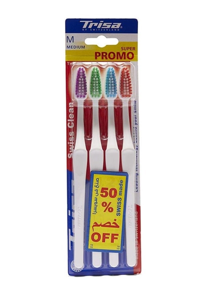 TRISA فرشاة أسنان متوسطة للبالغين من تريزا سويس كلين - رأس فرشاة مدمج مع شعيرات دائرية مثالية، ألوان متنوعة، 2+2 مجاناً