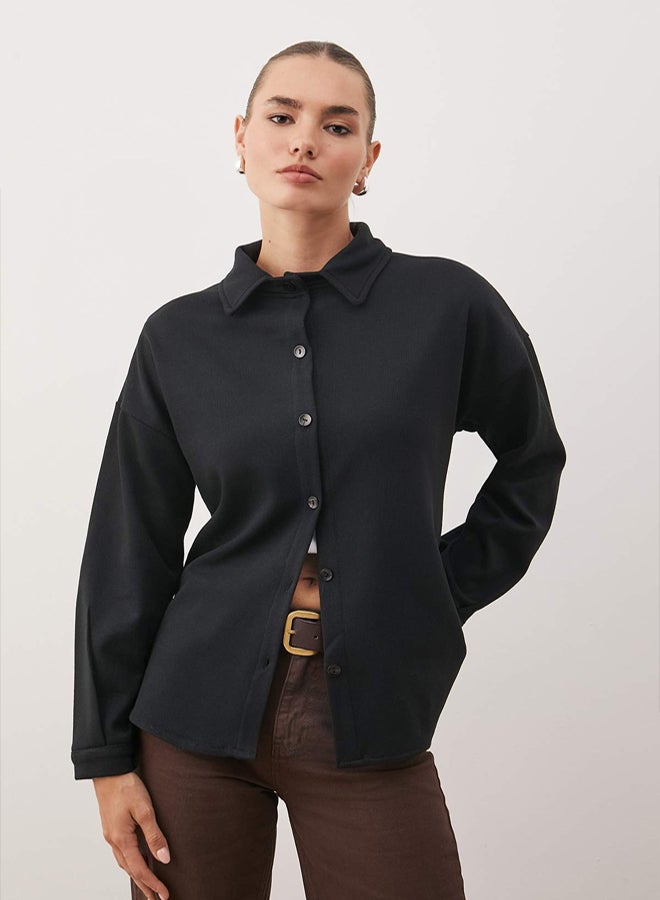 trendyol Black Thessaloniki Polo Neck Buttoned Oversize Shirt - Image 1