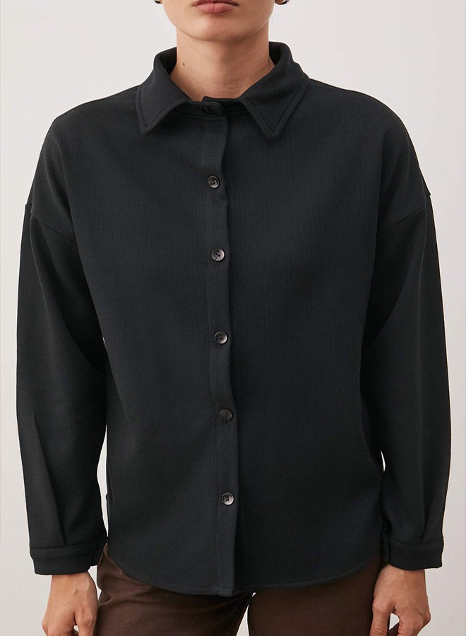 trendyol Black Thessaloniki Polo Neck Buttoned Oversize Shirt - Image 3