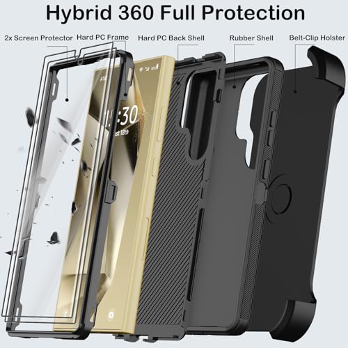 KECAI for Samsung Galaxy S24 Ultra Case with Belt Clip Holster & Kickstand,2X Screen Protector,Heavy Duty Shockproof Drop Protection Military Grade Full Body Rugged Phone Cover (6.8") (Black) - Image 3