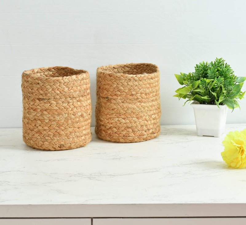 LaVichitra Braided Jute Baskets Planter Basket- Set Of 2 (6 Inch)-Beige, Round - Image 1