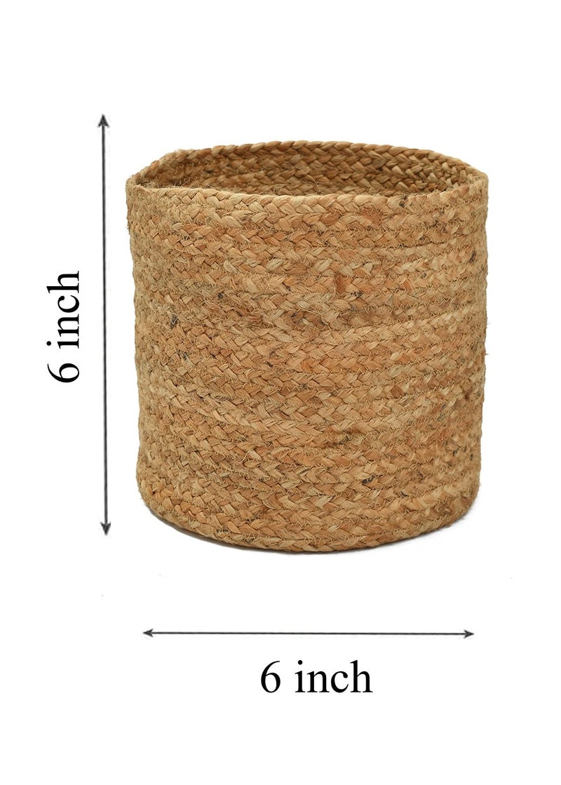 LaVichitra Braided Jute Baskets Planter Basket- Set Of 2 (6 Inch)-Beige, Round - Image 2