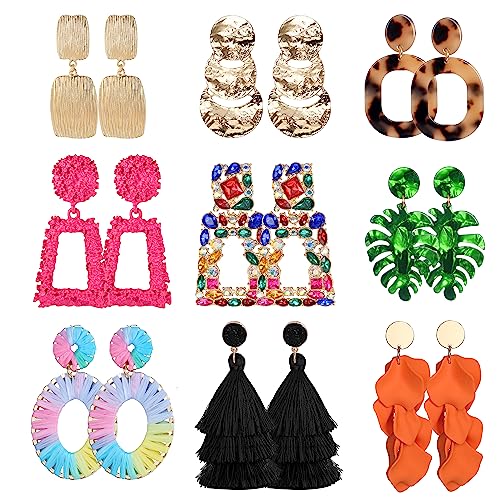 JeryWe 9 Pairs Clip on Earrings for Women Fashion Rattan Acrylic Tassel Drop Dangle Earrings Set Lightweight Geometric Statement Bohemian Clip Earrings for Non Piercied Pink - Image 1