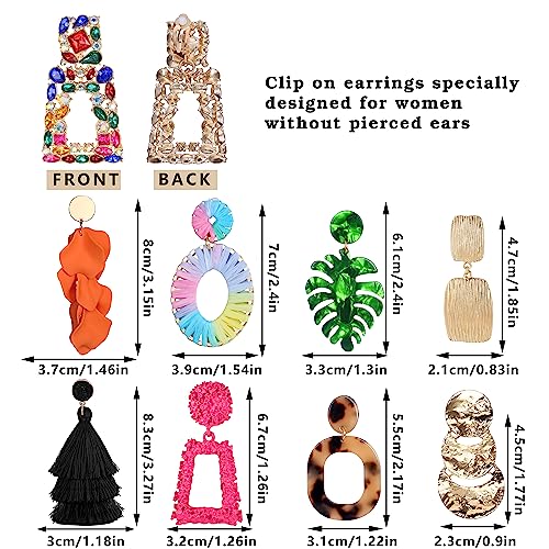 JeryWe 9 Pairs Clip on Earrings for Women Fashion Rattan Acrylic Tassel Drop Dangle Earrings Set Lightweight Geometric Statement Bohemian Clip Earrings for Non Piercied Pink - Image 2