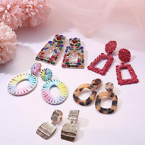 JeryWe 9 Pairs Clip on Earrings for Women Fashion Rattan Acrylic Tassel Drop Dangle Earrings Set Lightweight Geometric Statement Bohemian Clip Earrings for Non Piercied Pink - Image 3