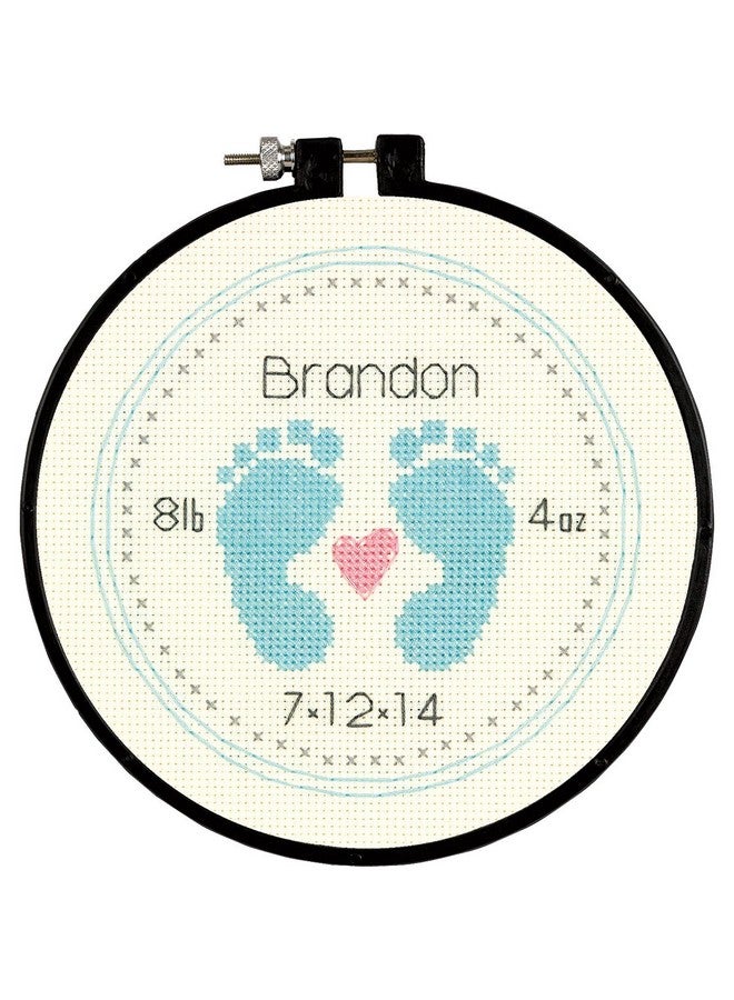Dimensions Counted Cross Stitch Kit For Beginners 'Baby Footprints' Birth Record Personalized Baby Gift 14 Count Ivory Aida With 6'' Embroidery Hoop - Image 1