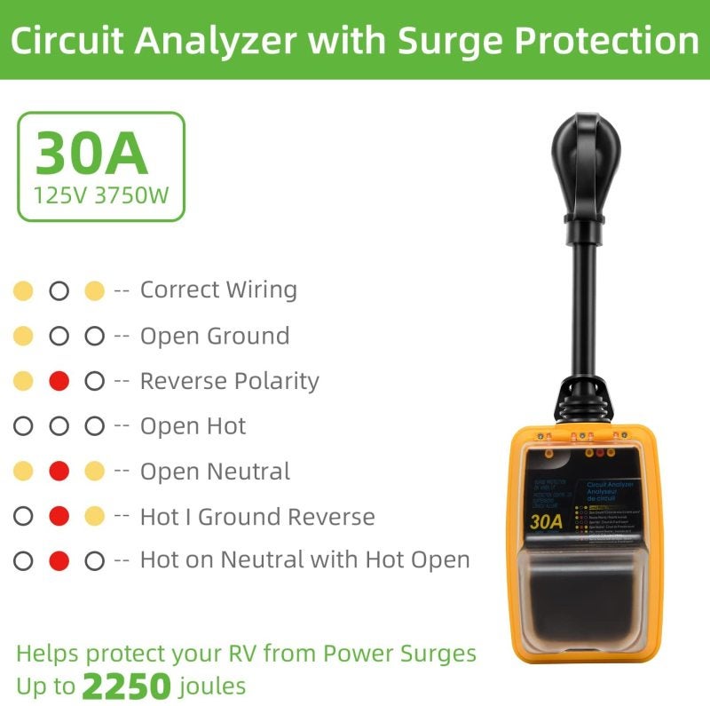 30 Amp Rv Surge Protector - 2100 Joules Waterproof Ul Certified Circuit Analyzer With Led Indicator Lights For Rv Marine Mobile Home - Image 2