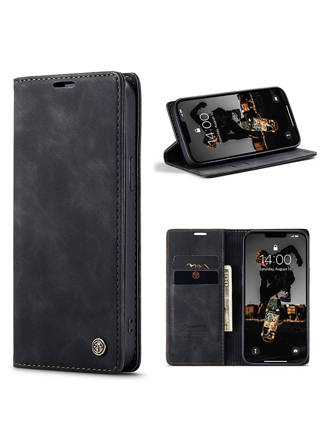 CaseMe Retro Wear-resistant And Drop Resistant Portable Card Wallet Leather Flip Stand Phone Case, Suitable For iPhone 15 Phone Case Black - Image 1