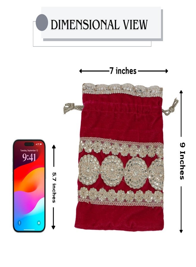 Dulhan DLC Foil Embroidery Velvet Potli set of 2 pc potli combo for Wedding return gifts, 7x9 Inch Traditional drawstring pouch potli for dry fruits, Red Bridal potli bag for ladies. - Image 3