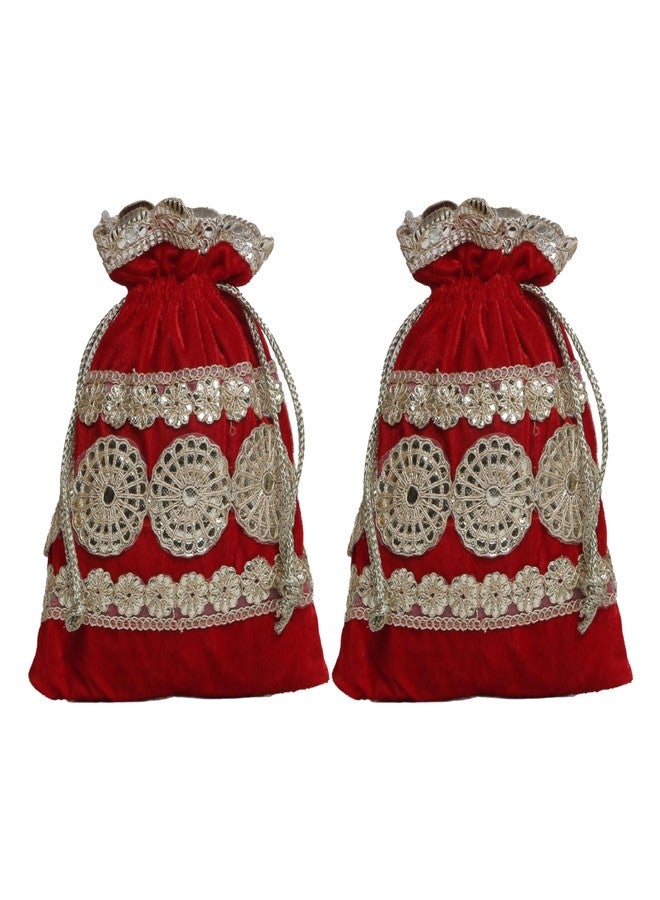 Dulhan DLC Foil Embroidery Velvet Potli set of 2 pc potli combo for Wedding return gifts, 7x9 Inch Traditional drawstring pouch potli for dry fruits, Red Bridal potli bag for ladies. - Image 1