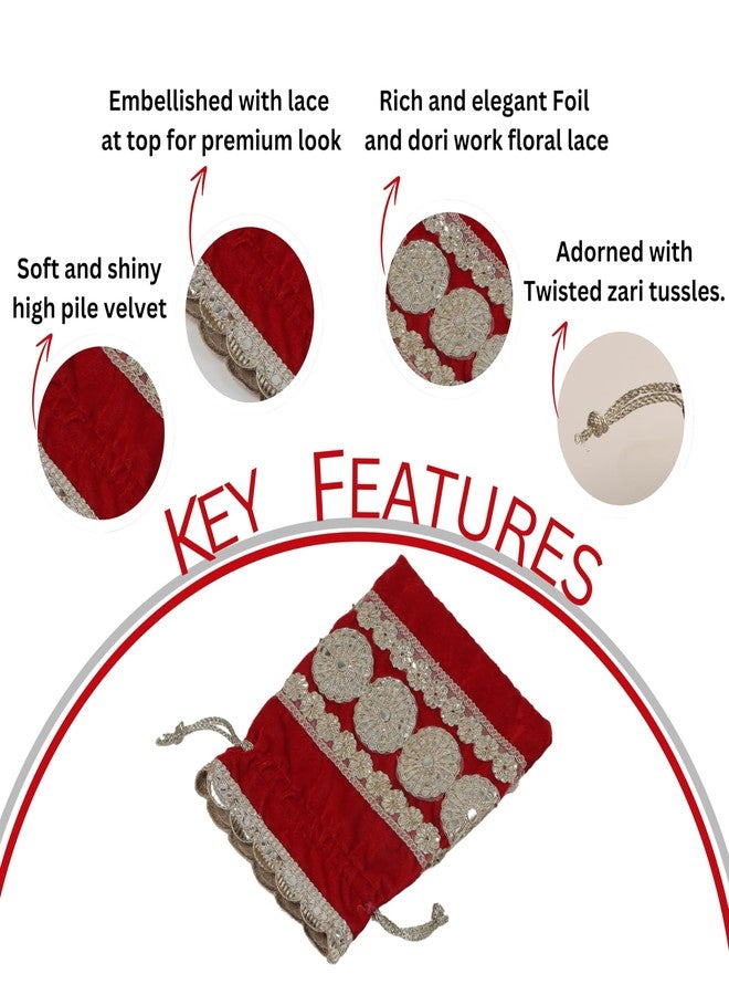 Dulhan DLC Foil Embroidery Velvet Potli set of 2 pc potli combo for Wedding return gifts, 7x9 Inch Traditional drawstring pouch potli for dry fruits, Red Bridal potli bag for ladies. - Image 4