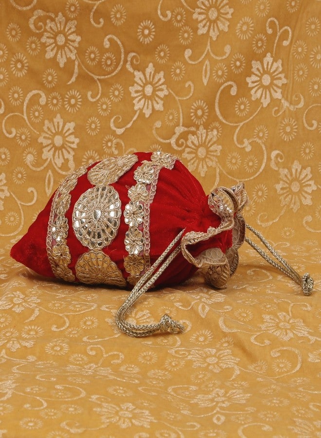 Dulhan DLC Foil Embroidery Velvet Potli set of 2 pc potli combo for Wedding return gifts, 7x9 Inch Traditional drawstring pouch potli for dry fruits, Red Bridal potli bag for ladies. - Image 2