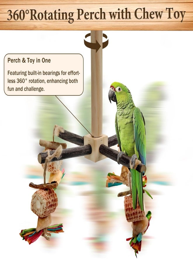 Mounting UP 2-Pack 360° Rotating Parrot Perch Toy with Chew Toy, Natural Wooden Perch Stand, Bird Cage Accessory with Exercise Wheel for Small & Medium Birds Like Parrot Finches Muscicapidae etc, US - Image 3