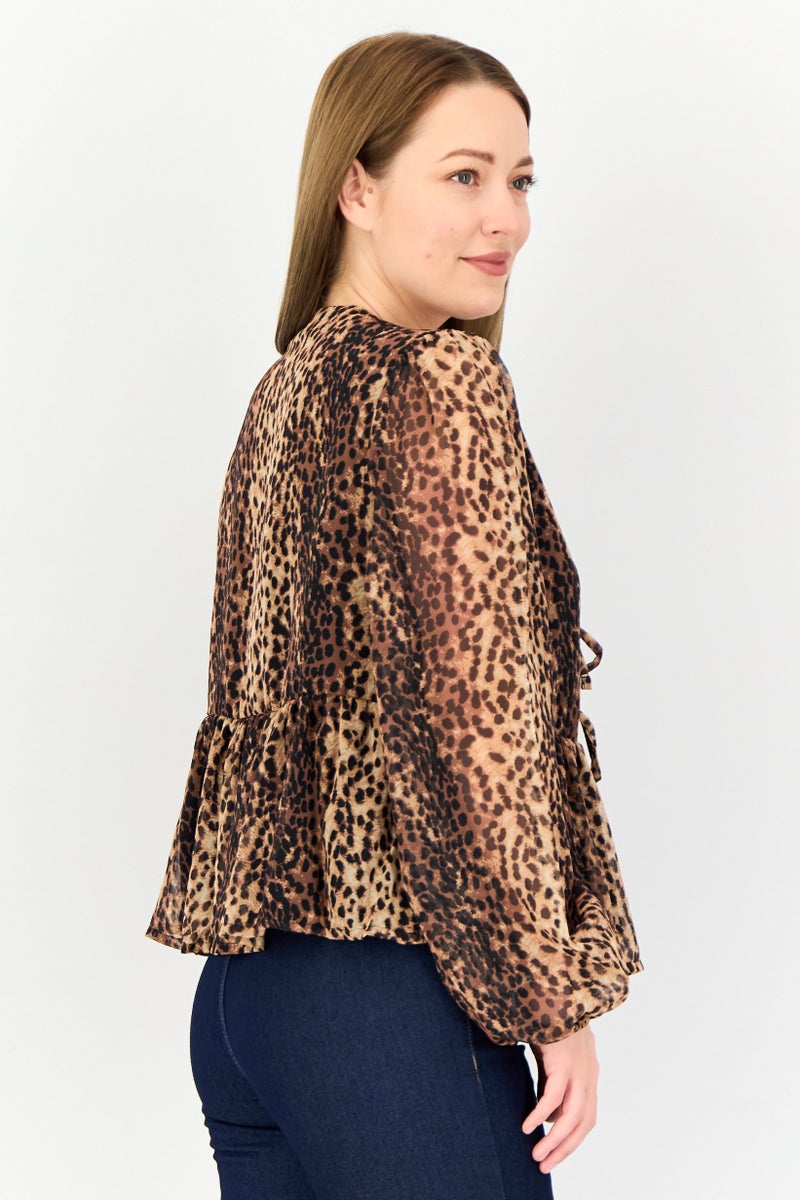 Threadbare Women Tie Neck Long Sleeve Animal Print Blouse, Multicolor - Image 2
