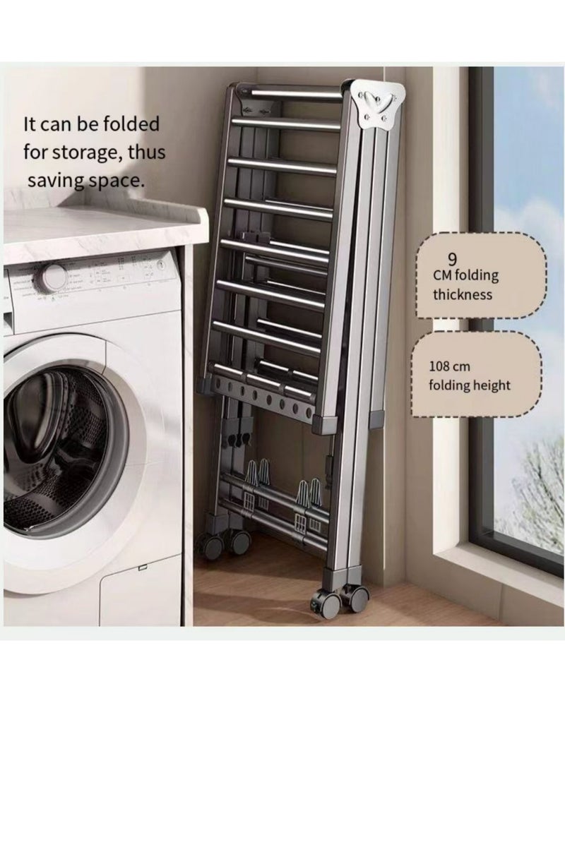 رف جاف للملابس قابل للطي، من الفولاذ المقاوم للصدأ، مزود بعجلات، مروحة لغسيل الملابس الداخلية، رف ملابس محمول مضغوط للأحذية والسترات وحفاضات الأطفال، داخل المنزل وخارجه. - Image 4