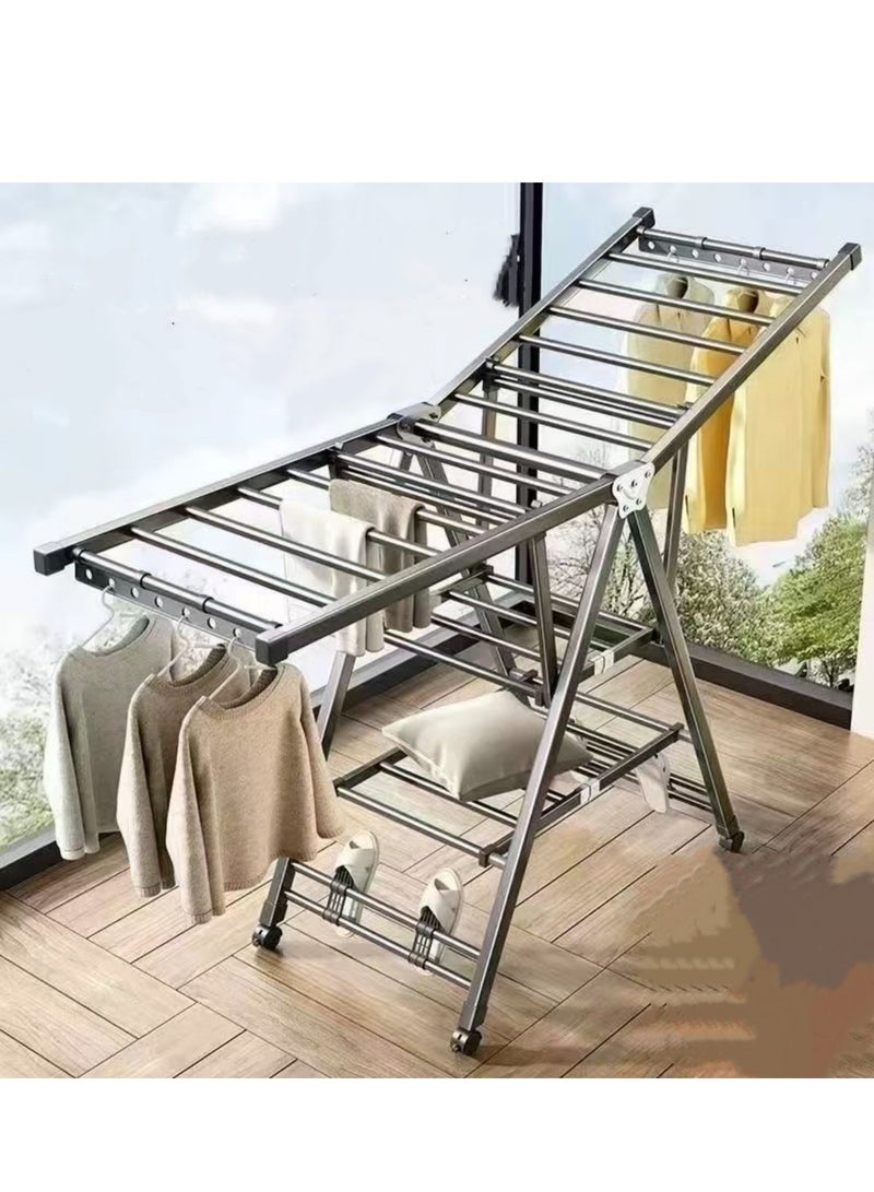 رف جاف للملابس قابل للطي، من الفولاذ المقاوم للصدأ، مزود بعجلات، مروحة لغسيل الملابس الداخلية، رف ملابس محمول مضغوط للأحذية والسترات وحفاضات الأطفال، داخل المنزل وخارجه. - Image 1
