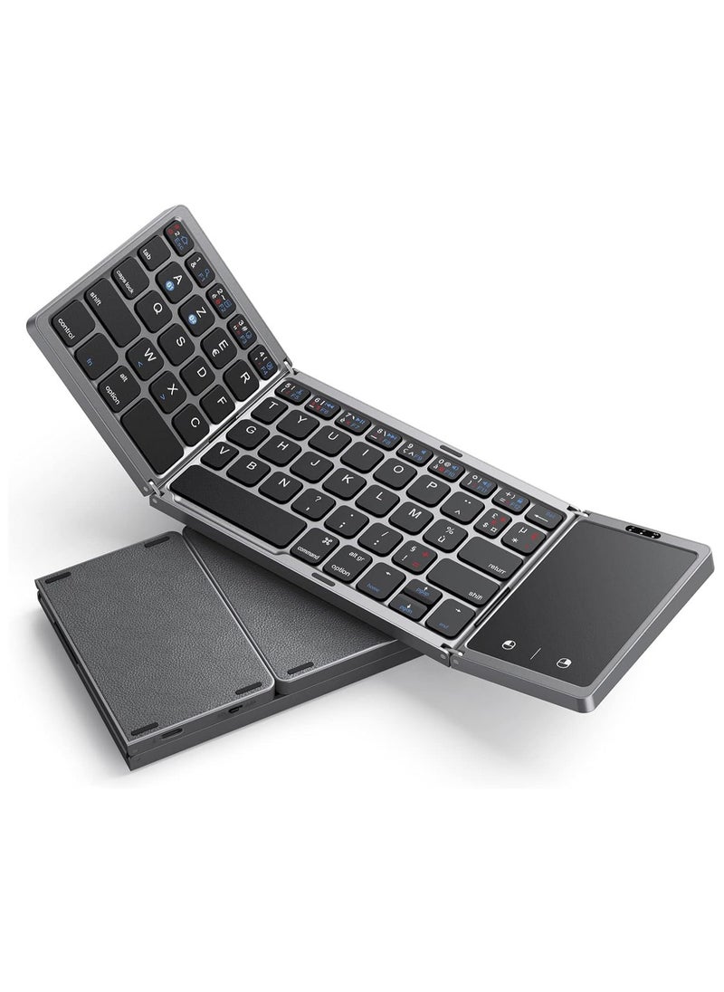 Wireless Foldable Keyboard with Touchpad – Rechargeable Bluetooth Dual-Mode for Laptop, Tablet, Smart TV – Compatible with Windows, iOS, MacOS, Android – Gray