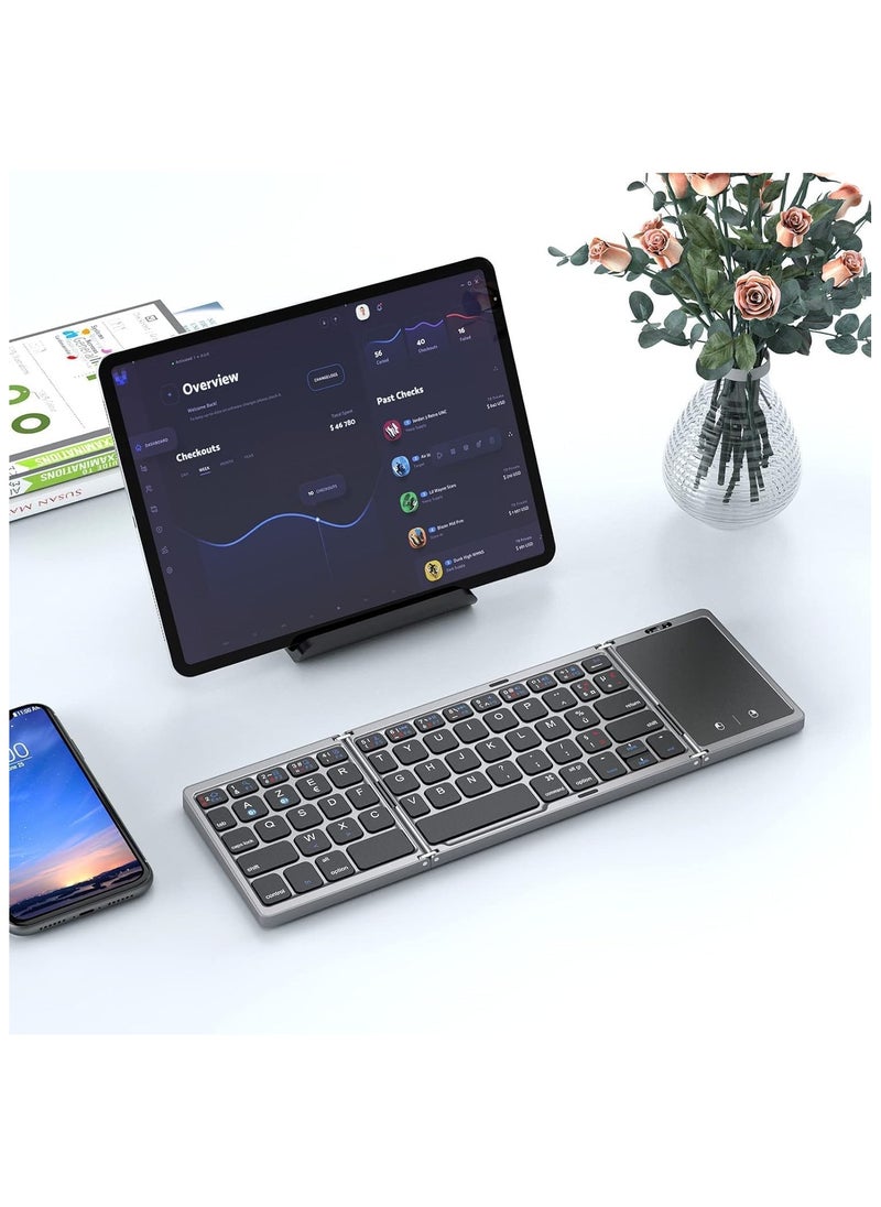 Wireless Foldable Keyboard with Touchpad – Rechargeable Bluetooth Dual-Mode for Laptop, Tablet, Smart TV – Compatible with Windows, iOS, MacOS, Android – Gray