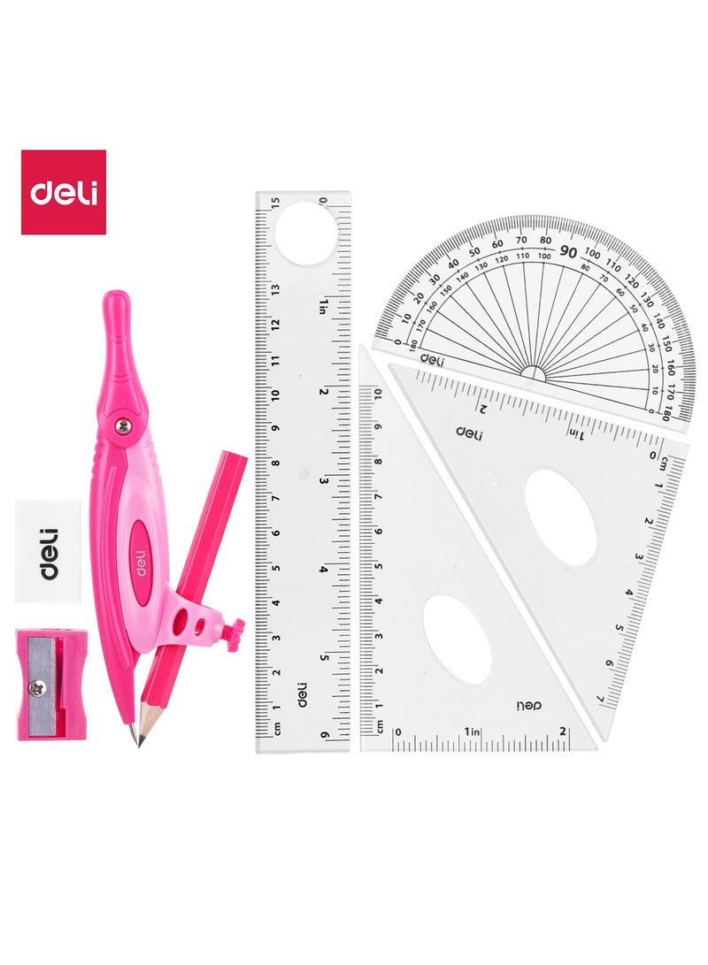 Deli Geometry Set 8 Pcs, Includes Ruler, Eraser, Protractor, Pencil, Compass, and 2 Triangle Rulers, and Sharpener, Suitable for Students, Engineers, and Designers - Assorted Colors - Image 3