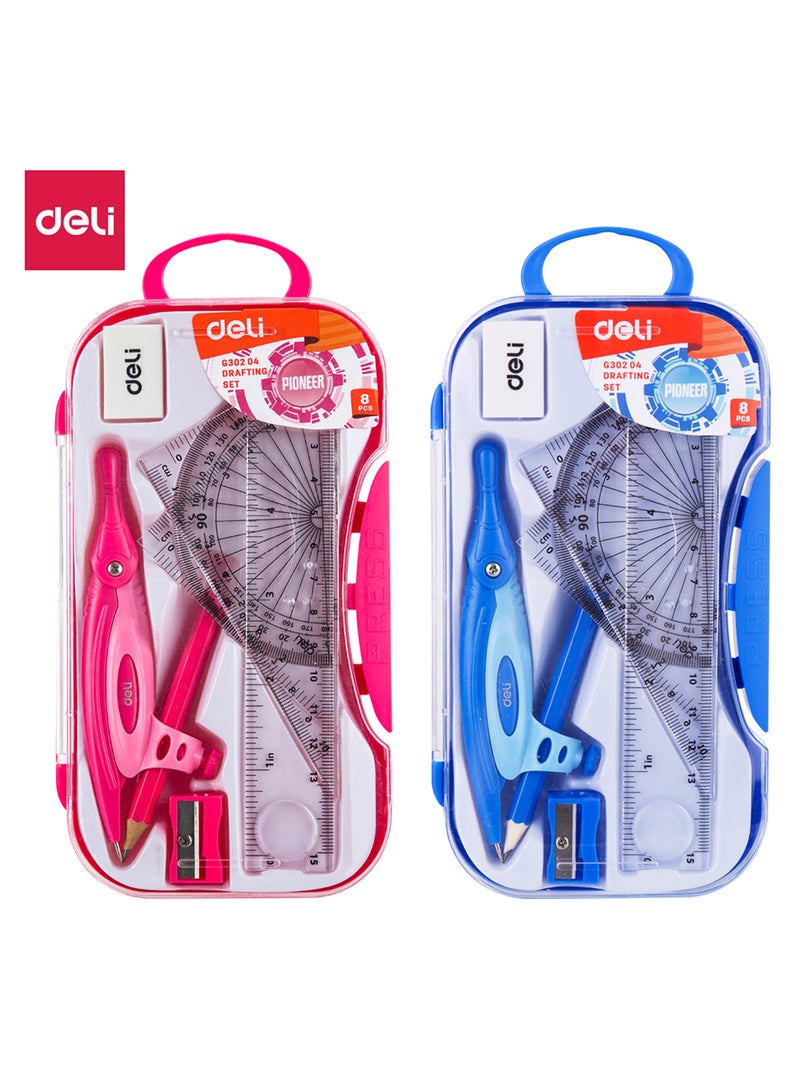 Deli Geometry Set 8 Pcs, Includes Ruler, Eraser, Protractor, Pencil, Compass, and 2 Triangle Rulers, and Sharpener, Suitable for Students, Engineers, and Designers - Assorted Colors - Image 1