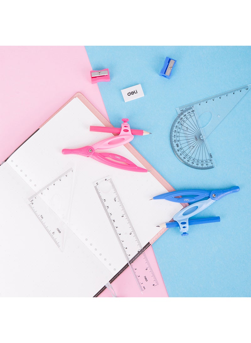 Deli Geometry Set 8 Pcs, Includes Ruler, Eraser, Protractor, Pencil, Compass, and 2 Triangle Rulers, and Sharpener, Suitable for Students, Engineers, and Designers - Assorted Colors - Image 4