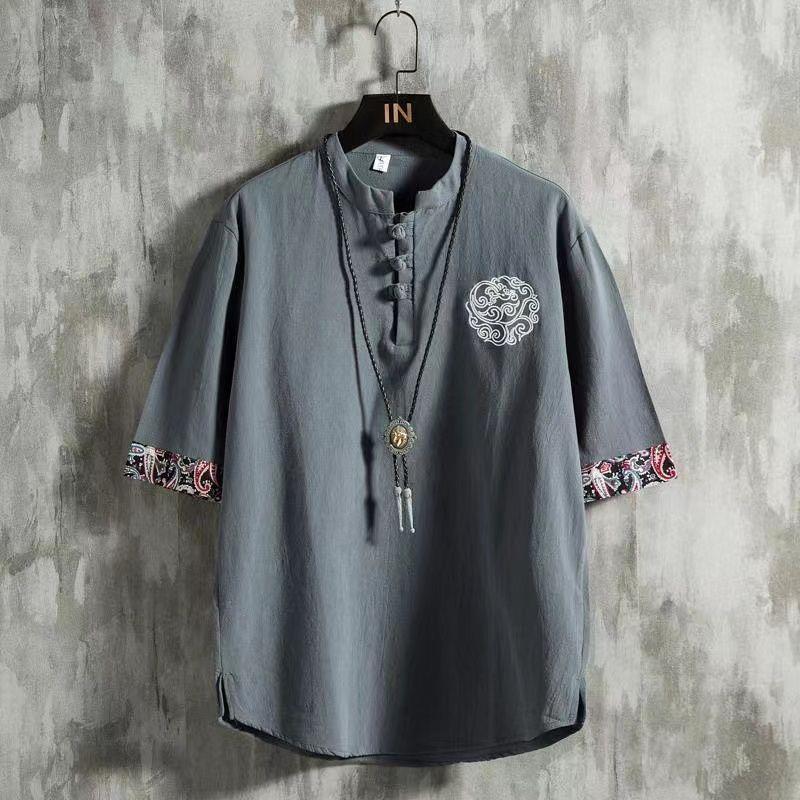 Embroidered Linen Short-sleeved T-shirt Men's Summer Thin Loose Trendy Brand plus size Tang Chinese Style Cotton and Linen Buckle T-shirt - Image 5