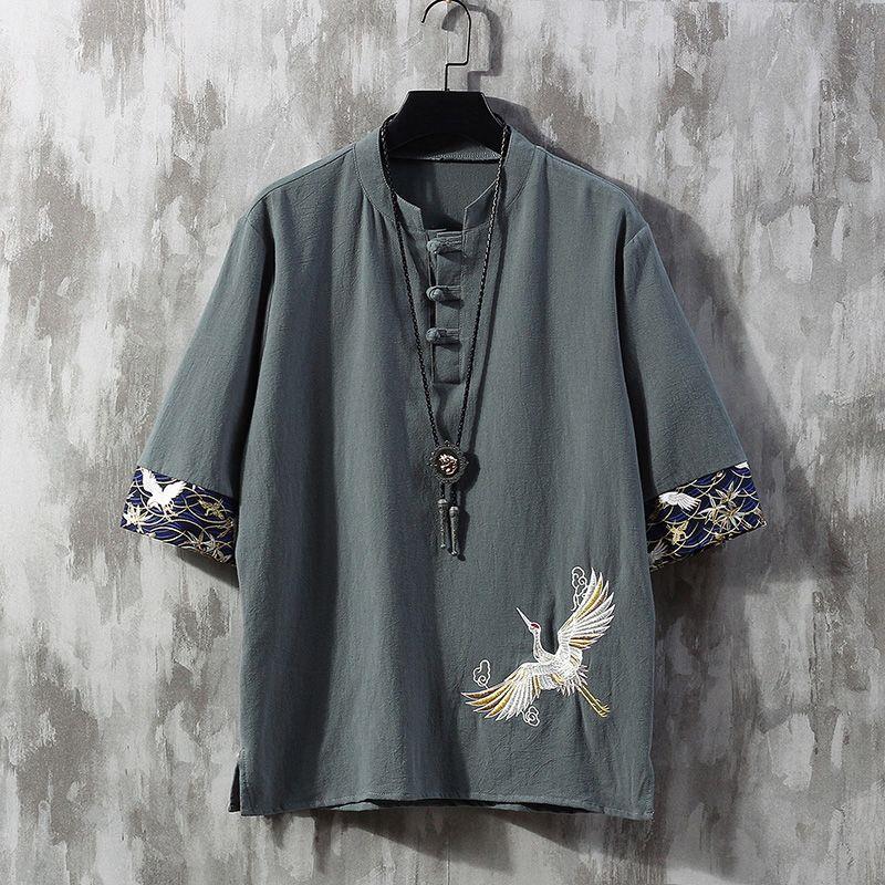 Embroidered Linen Short-sleeved T-shirt Men's Summer Thin Loose Trendy Brand plus size Tang Chinese Style Cotton and Linen Buckle T-shirt - Image 2