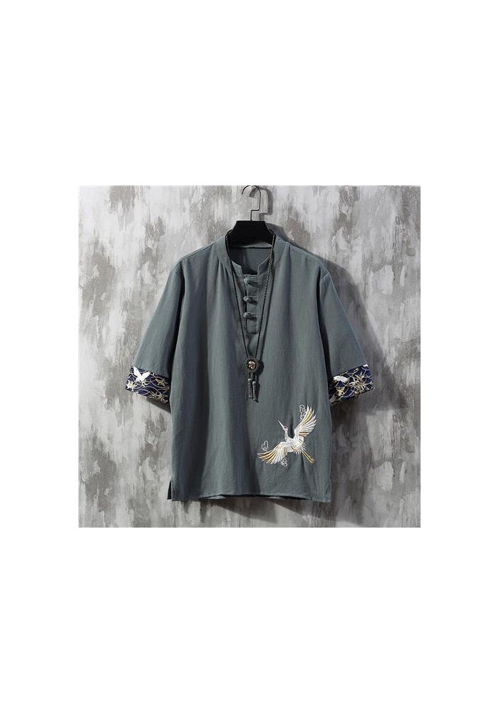 Embroidered Linen Short-sleeved T-shirt Men's Summer Thin Loose Trendy Brand plus size Tang Chinese Style Cotton and Linen Buckle T-shirt - Image 1
