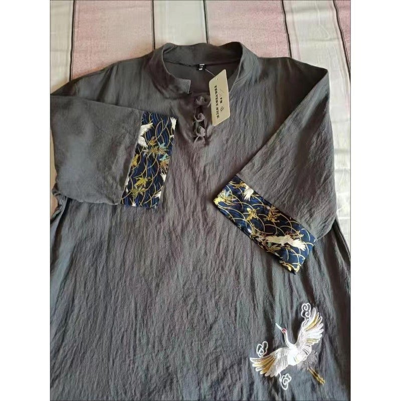 Embroidered Linen Short-sleeved T-shirt Men's Summer Thin Loose Trendy Brand plus size Tang Chinese Style Cotton and Linen Buckle T-shirt - Image 3